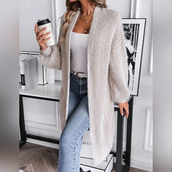 New Chic Fluffy Chevron Knit Cardigan Sweater Duster Off White Tan - Picture 3 of 8